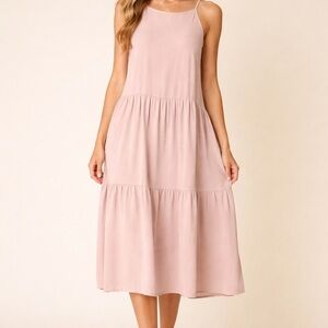 HYFVE Tan Tiered Midi Dress Size Large Flowy Halter Neck Neutral Boho
